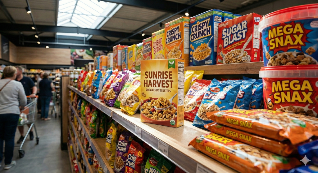 Promotional displays and stocked shelves in a supermarket aisle