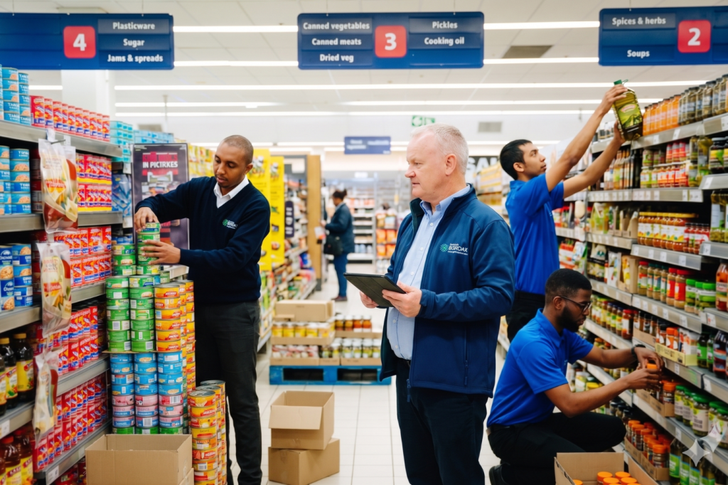 Bordax merchandisers replenishing a supermarket aisle