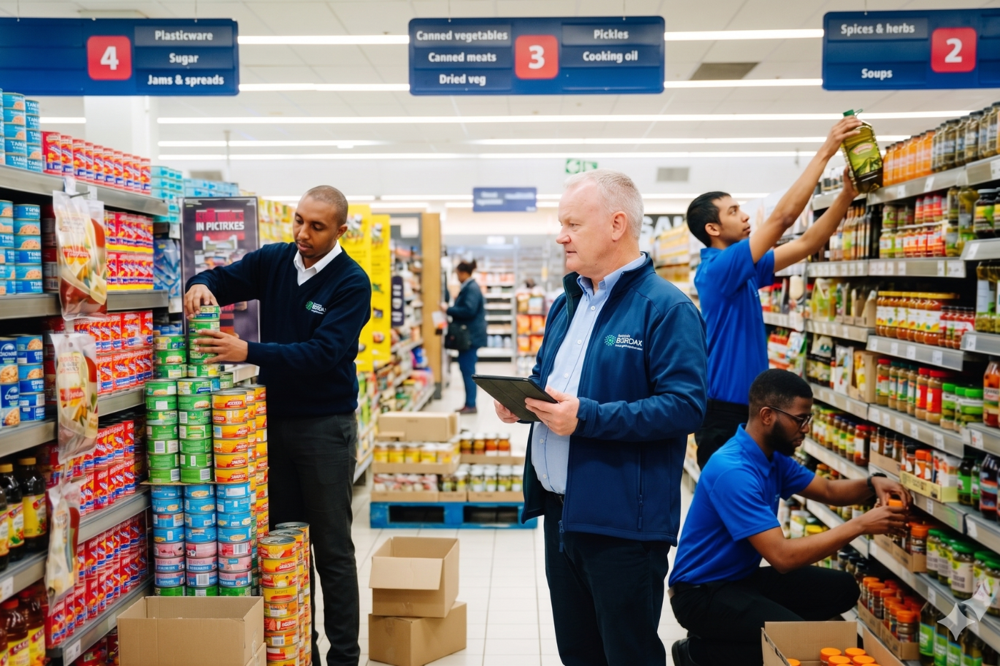 Bordax field team auditing shelves and merchandising stock in a South African supermarket