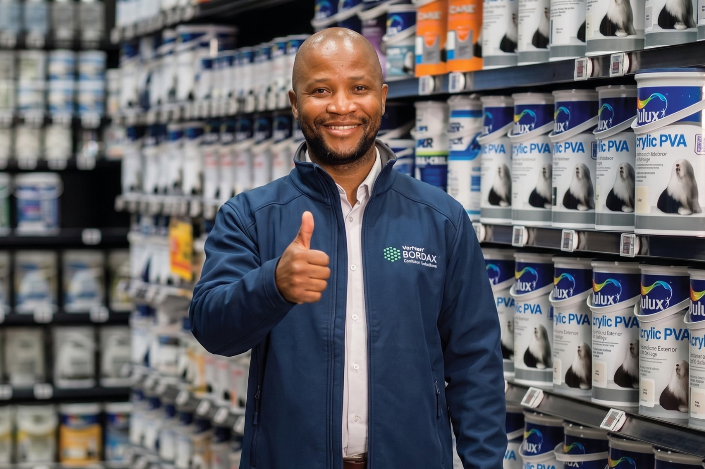 Bordax representative in a specialised hardware paint aisle — complex categories need specialised execution